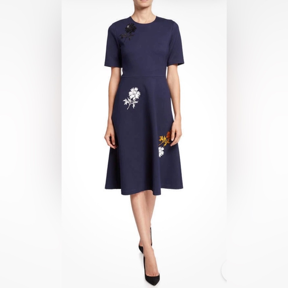 NEW Tory Burch Embellished Ponte Dress Navy Pockets Flower Sequins Size L $398